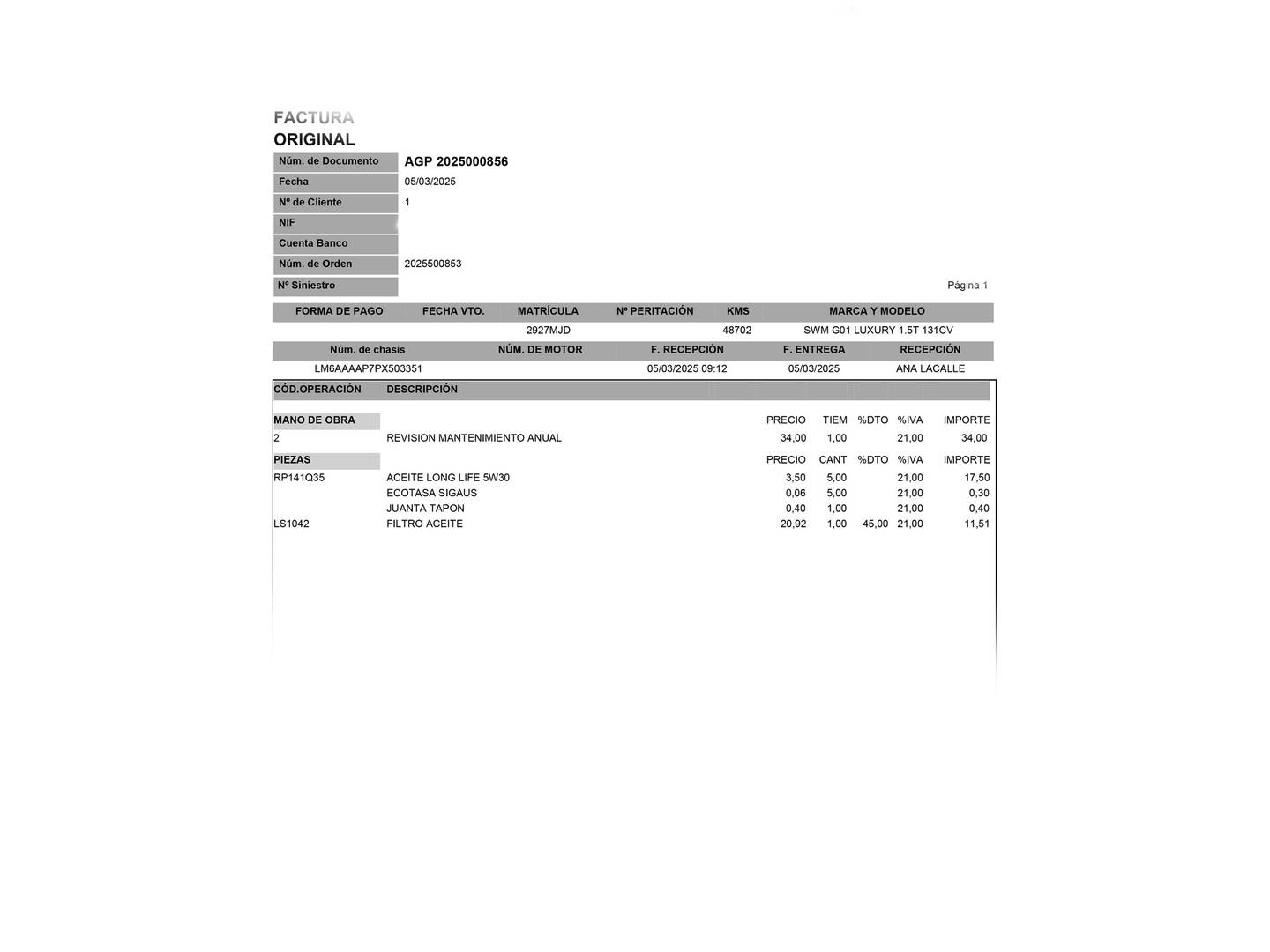 Foto del mantenimiento del SWM G01 SWM G01 1.5T Luxury (131 CV)