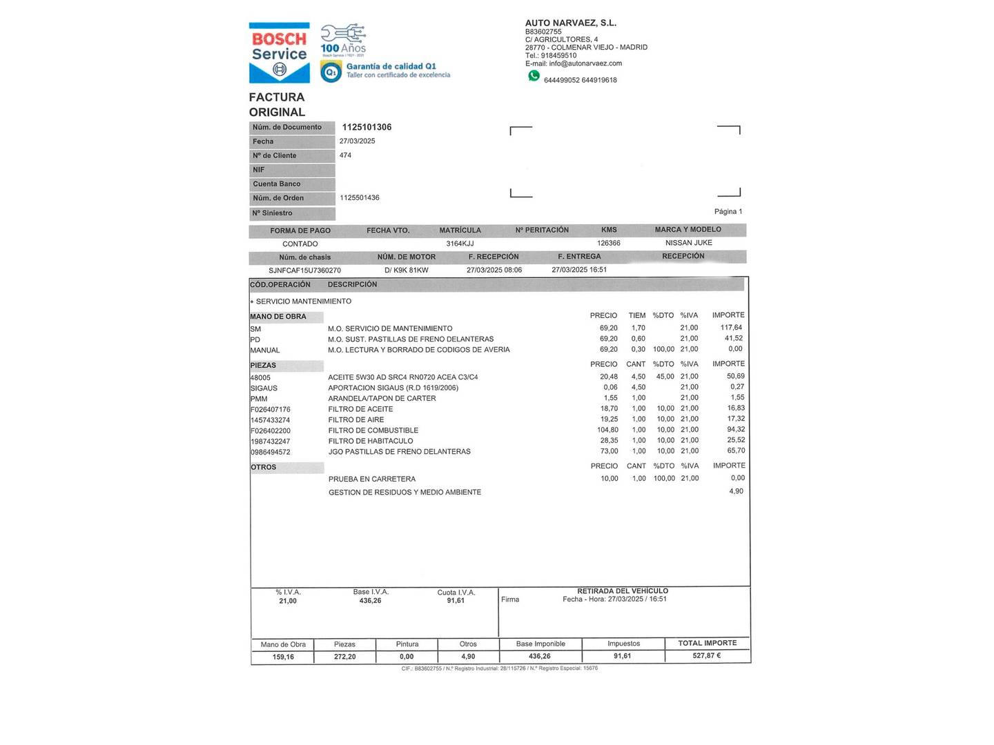 Foto del mantenimiento del Nissan JUKE Nissan Juke dCi 110 N-Connecta 4x2 (110 CV)