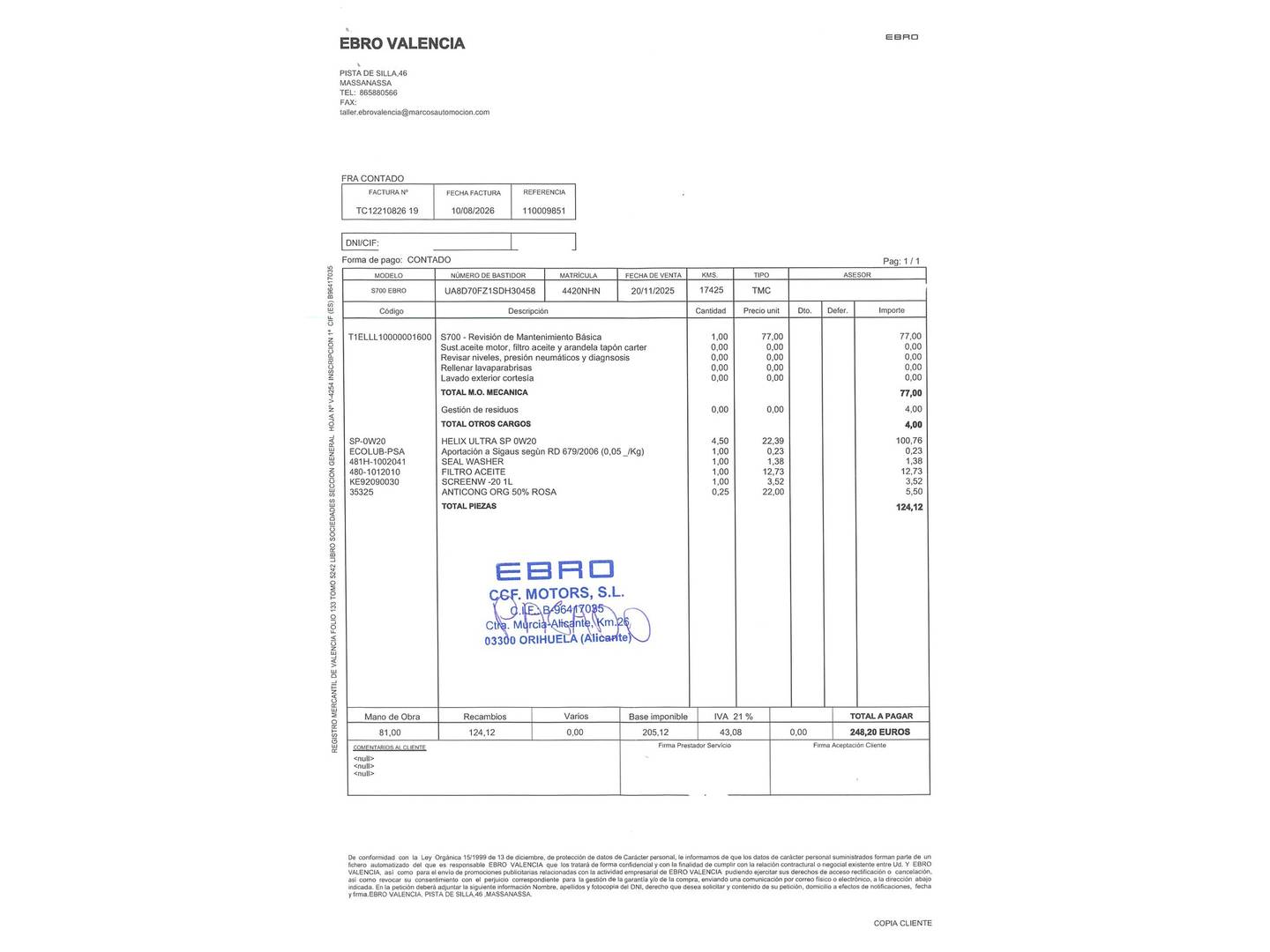 Foto del mantenimiento del EBRO S700 EBRO S700 1.6 TGDI Luxury 7 DCT (147 CV)