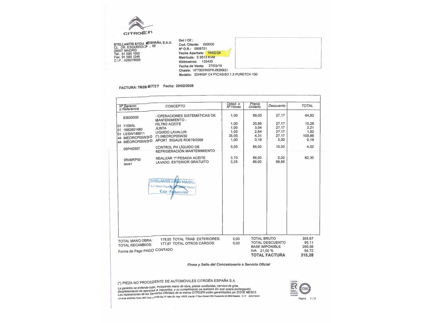 Foto del mantenimiento del Citroën C4 Spacetourer Citroën C4 Spacetourer PureTech 130 Feel (130 CV)