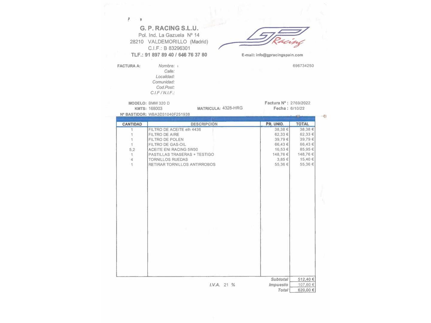 Foto del mantenimiento del BMW Serie 3 BMW Serie 3 320d (184 CV)