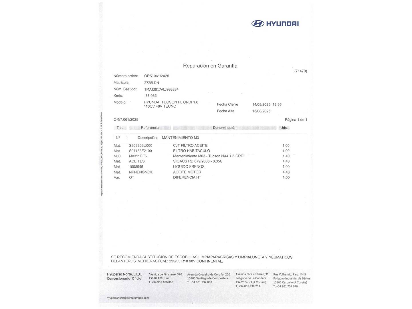 Foto del mantenimiento del Hyundai Tucson Hyundai Tucson 1.6 CRDI 48V Tecno Sky Safe 4x2 (116 CV)