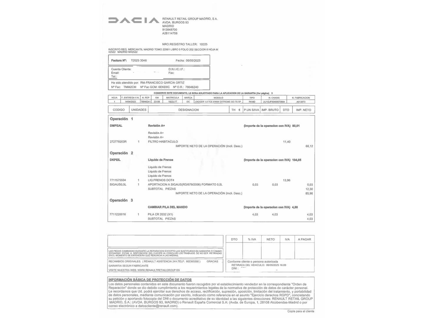 Foto del mantenimiento del Dacia Jogger Dacia Jogger Serie Limitada Extreme TCe (110 CV) 7 Plazas