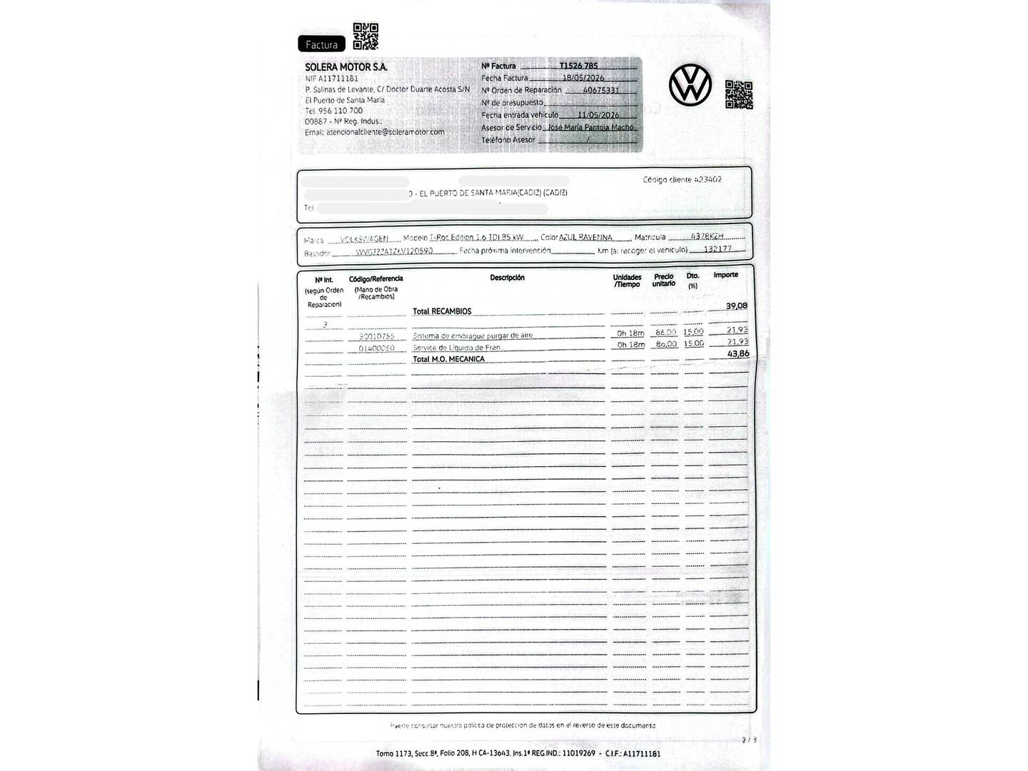 Foto del mantenimiento del Volkswagen T-Roc Volkswagen T-Roc Edition 1.6 TDI (115 CV)