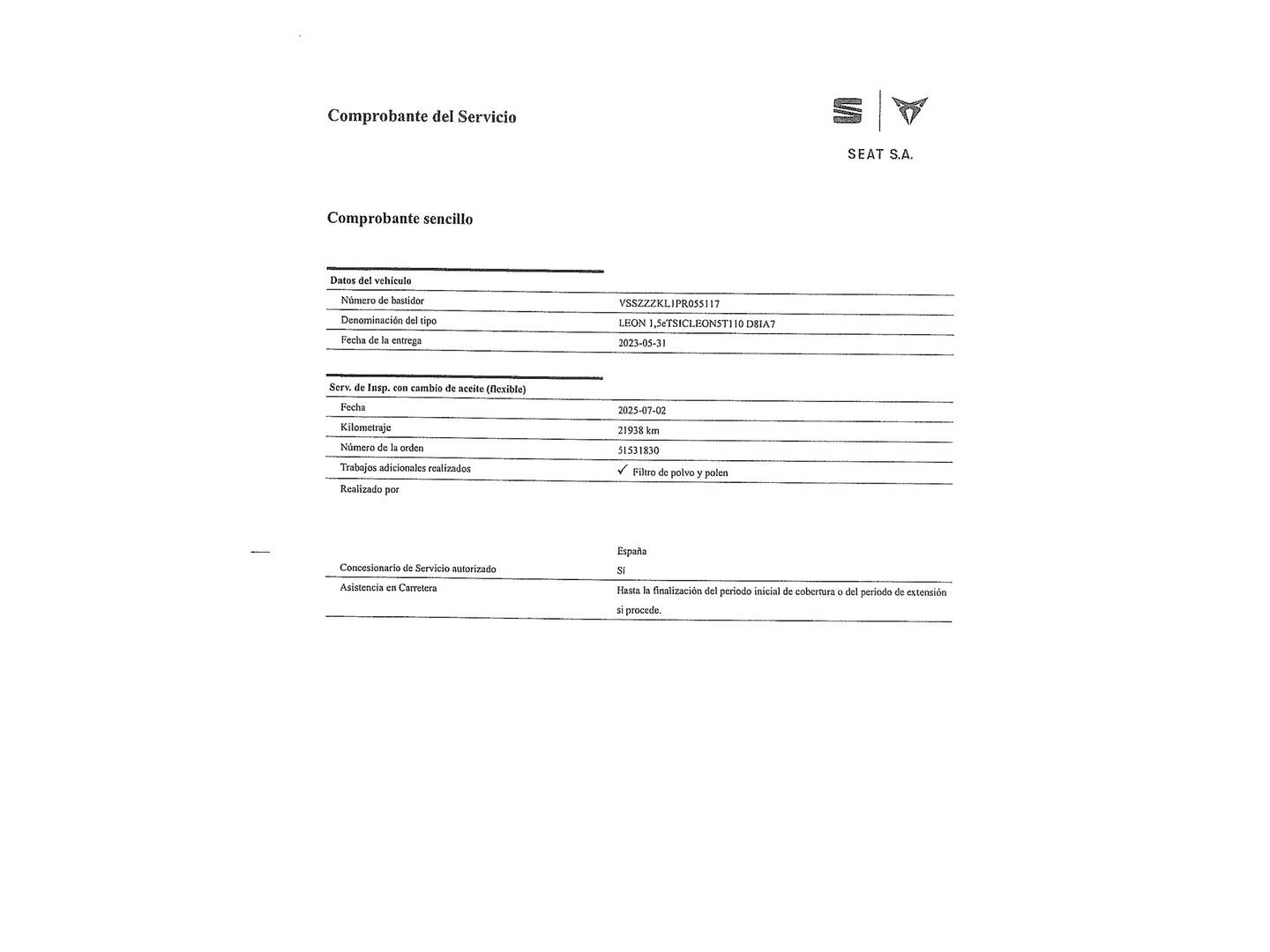 Foto del mantenimiento del Cupra León CUPRA León 1.5 eTSI DSG (150 CV)