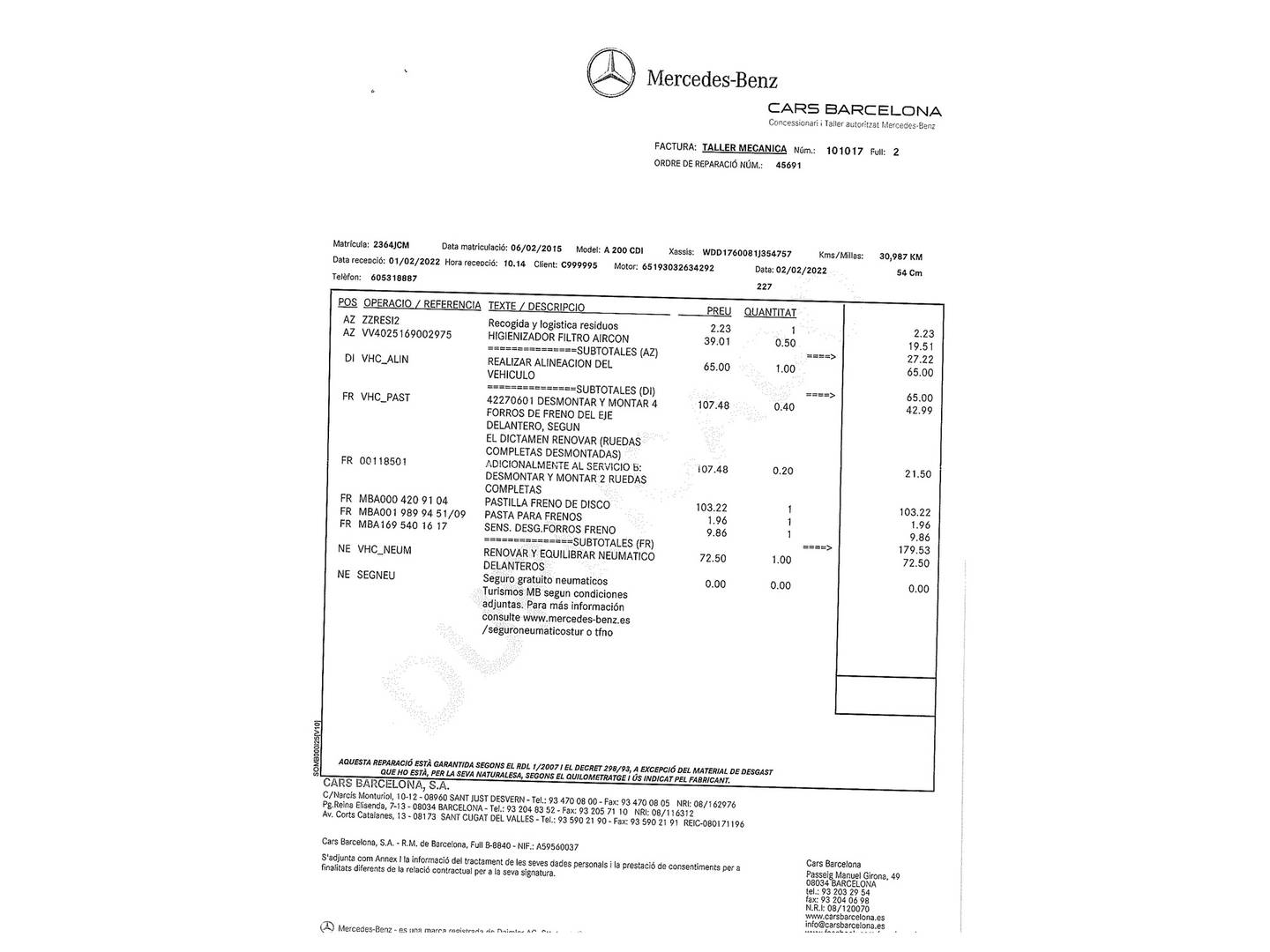 Foto del mantenimiento del Mercedes Clase A Mercedes Clase A 200 CDI AMG Line (136 CV)