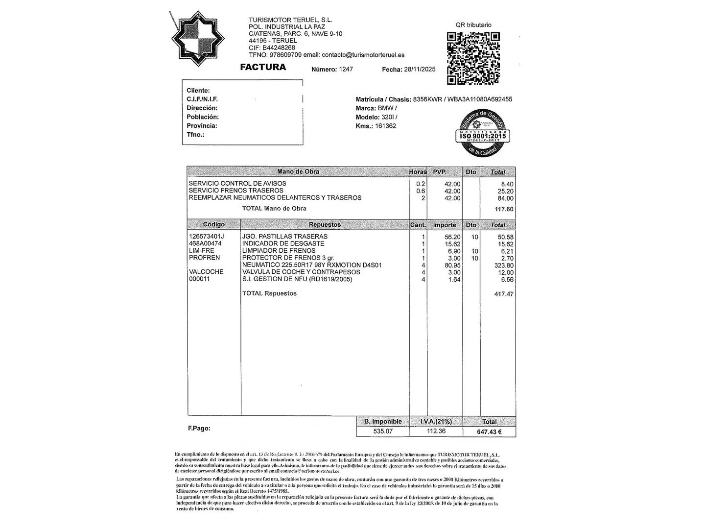 Foto del mantenimiento del BMW Serie 3 BMW Serie 3 320i (184 CV)