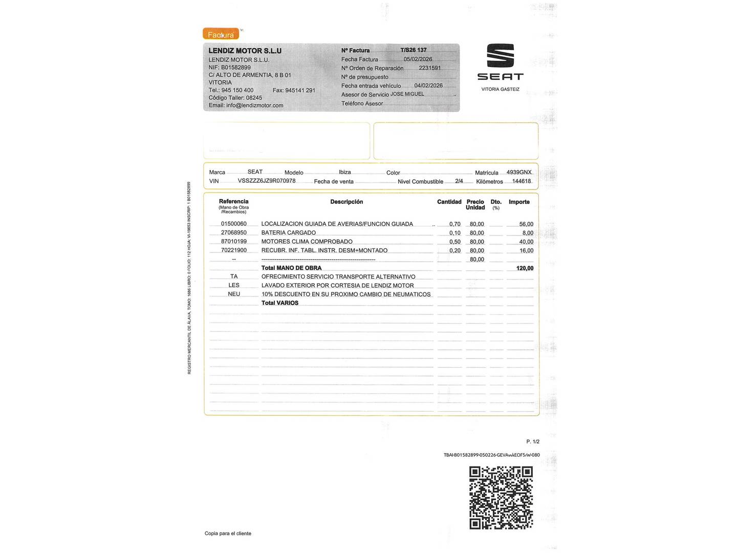 Foto del mantenimiento del Seat Ibiza Seat Ibiza 1.4 16v Sport (85 CV)