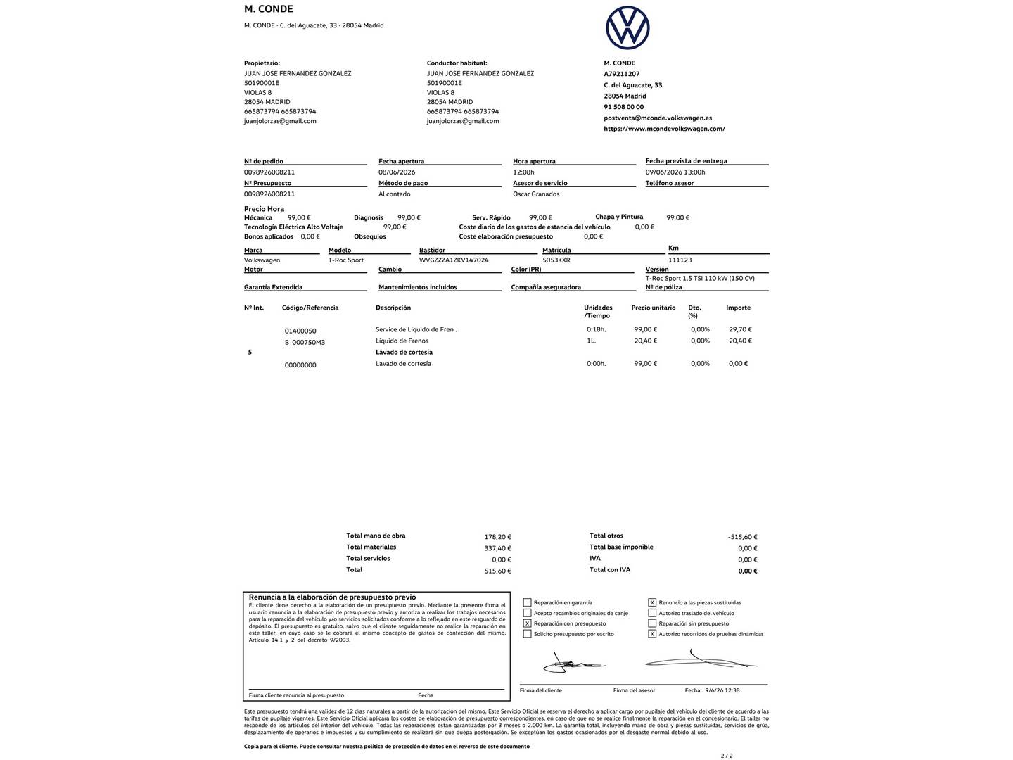 Foto del mantenimiento del Volkswagen T-Roc Volkswagen T-Roc Sport 1.5 TSI (150 CV) DSG