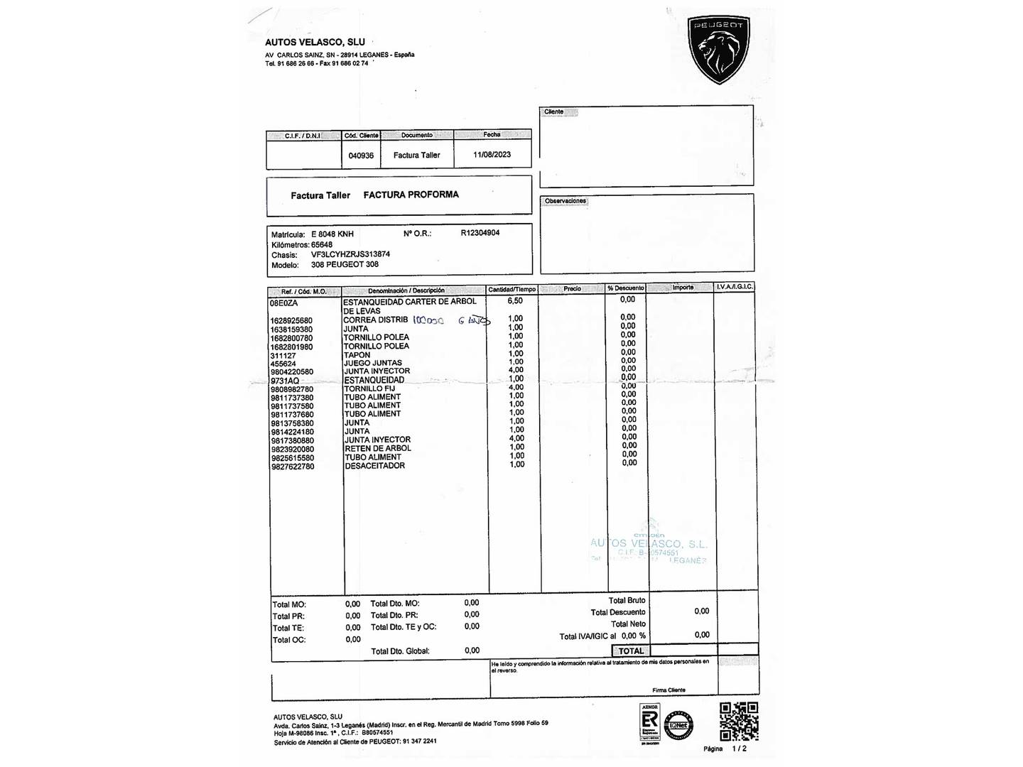 Foto del mantenimiento del Peugeot 308 Peugeot 308 SW 1.5 BlueHDi S&S GT Line EAT8 (130 CV)