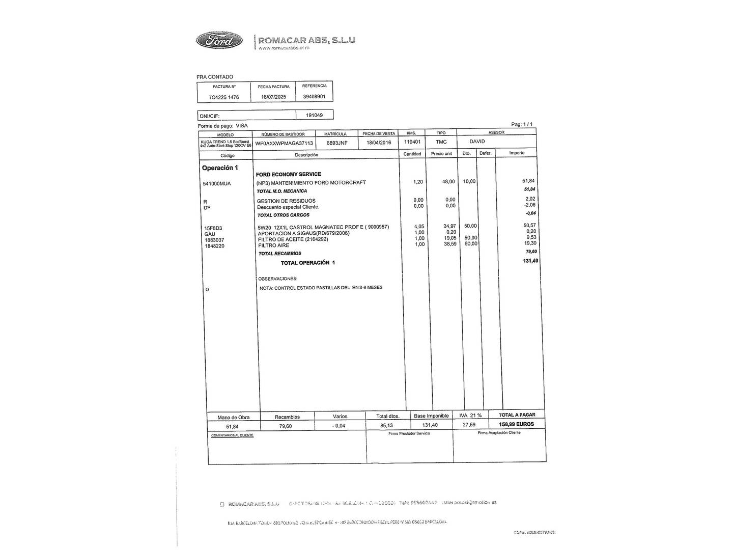 Foto del mantenimiento del Ford Kuga Ford Kuga 1.5 EcoBoost S&S Trend 4x2 (120 CV)