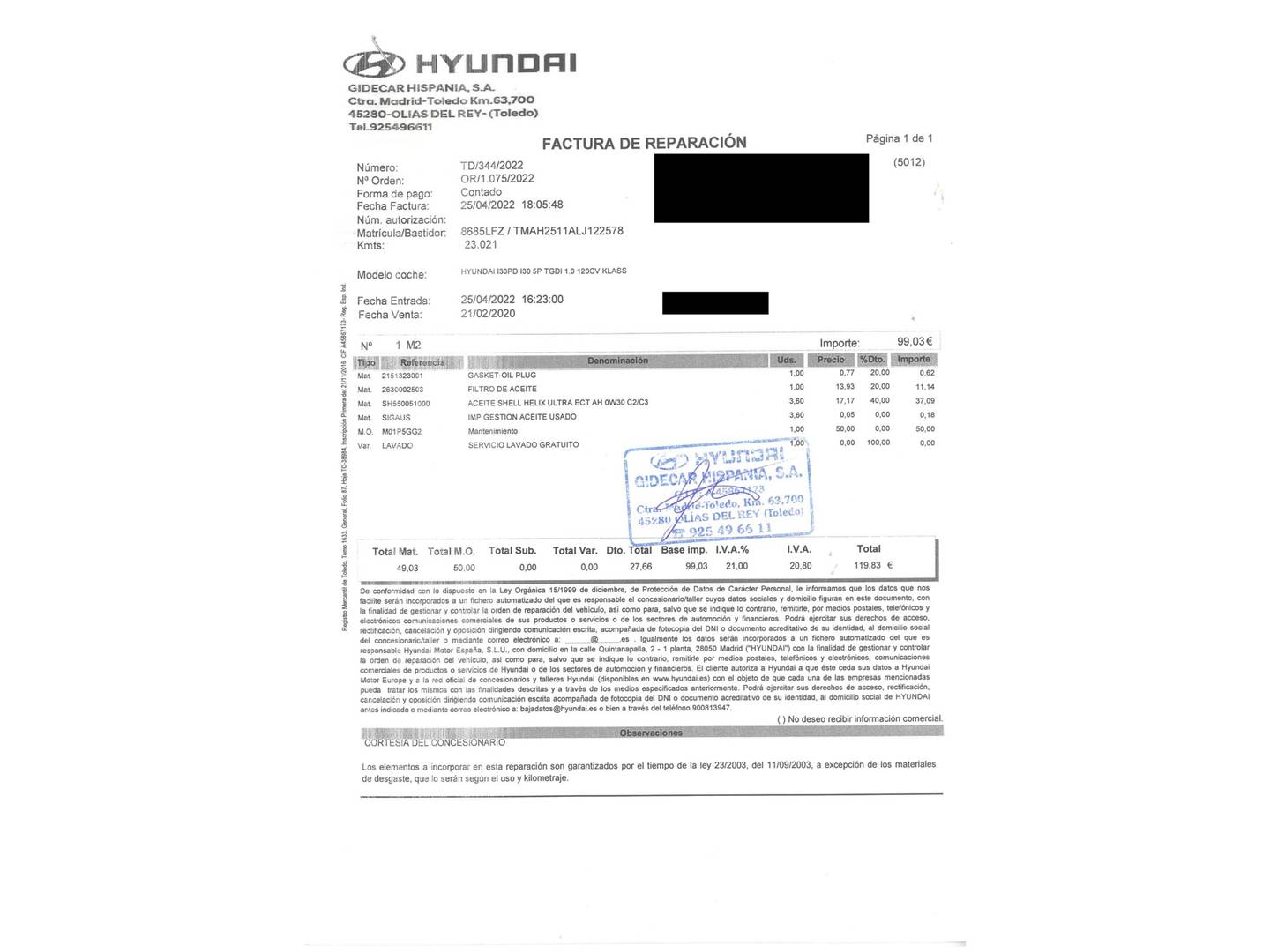 Foto del mantenimiento del Hyundai i30 Hyundai i30 1.0 TGDI Klass (120 CV)