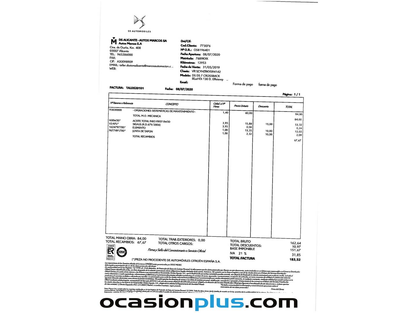 Foto del mantenimiento del DS DS 7 Crossback DS DS7 Crossback BlueHDi 130 Performance Line Auto (130 CV)