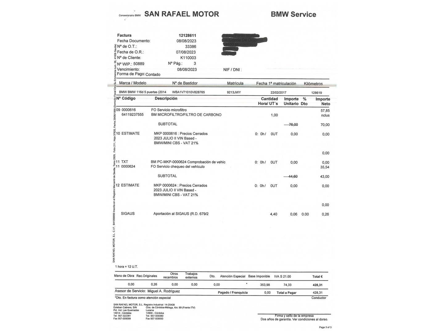 Foto del mantenimiento del BMW Serie 1 BMW Serie 1 116d (116 CV)