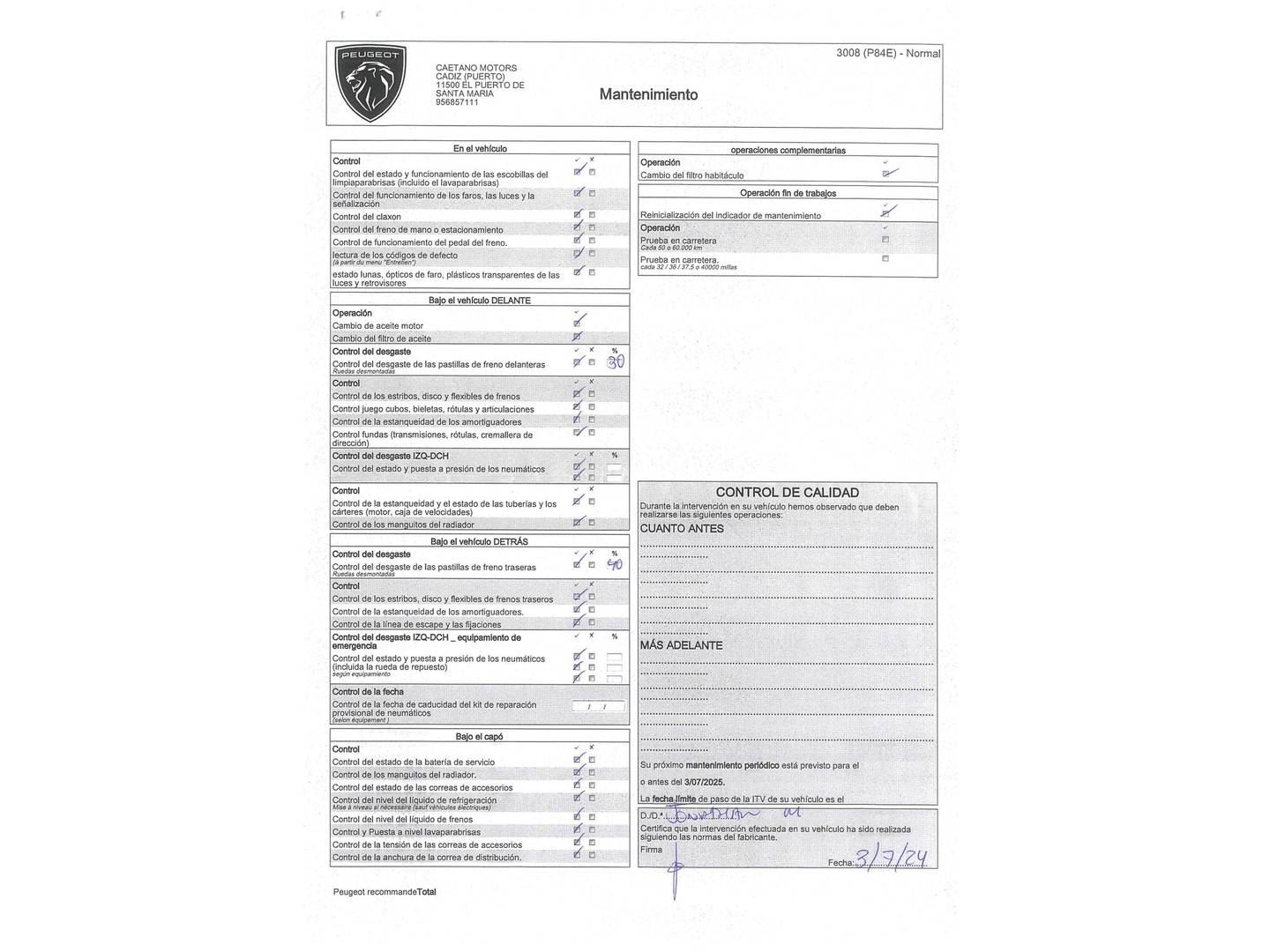 Foto del mantenimiento del Peugeot 3008 Peugeot 3008 PureTech 130 Allure EAT8 (130 CV)