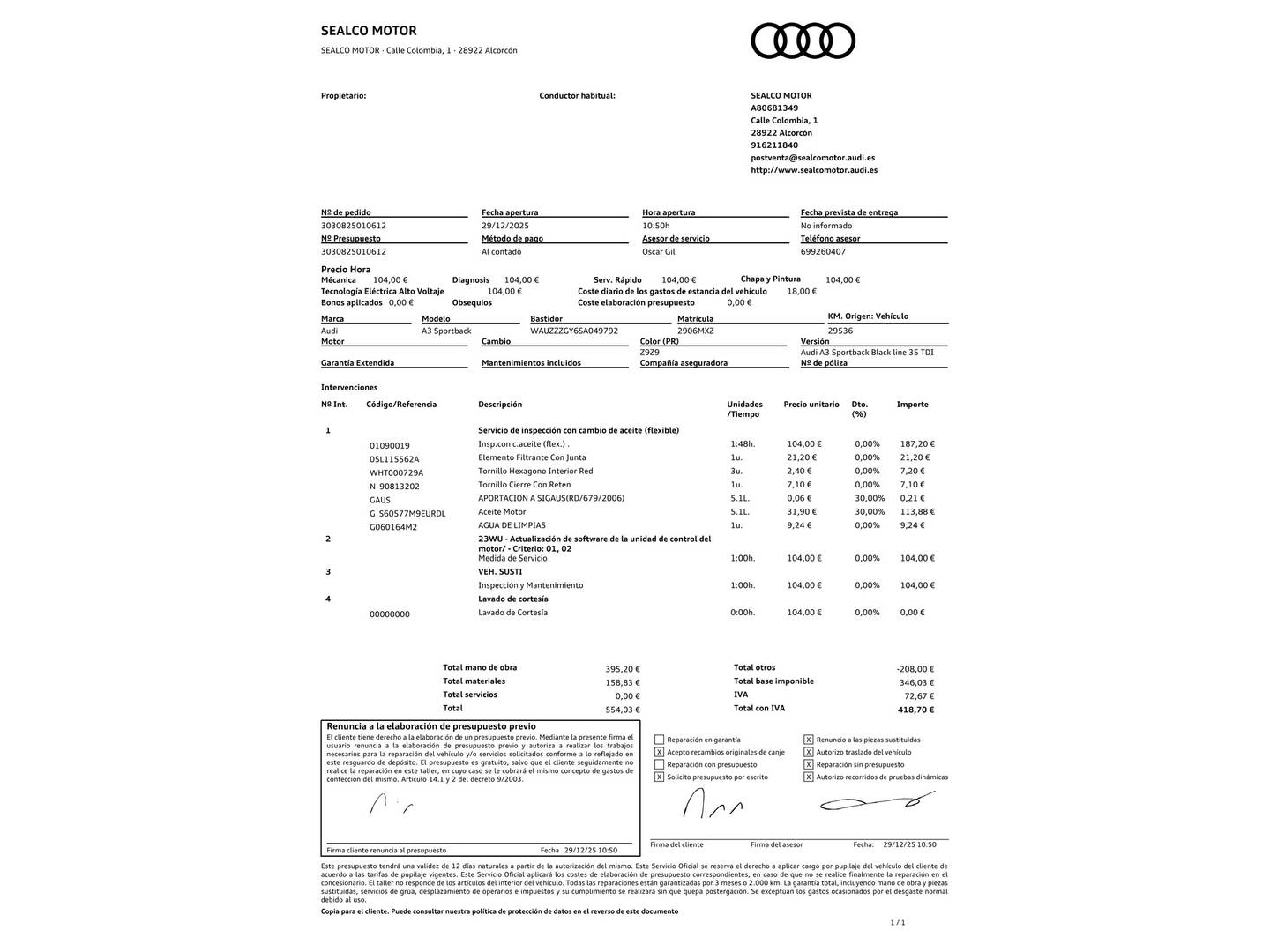 Foto del mantenimiento del Audi A3 Audi A3 Sportback Black line edition 35 TDI(150 CV) S tronic