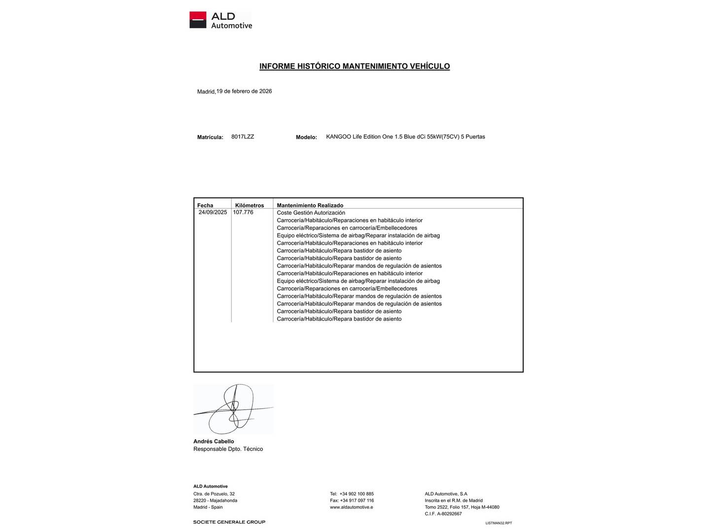 Foto del mantenimiento del Renault Kangoo Combi Renault Kangoo Combi Combi Life Edition One 1.5 Blue dCi (75 CV)