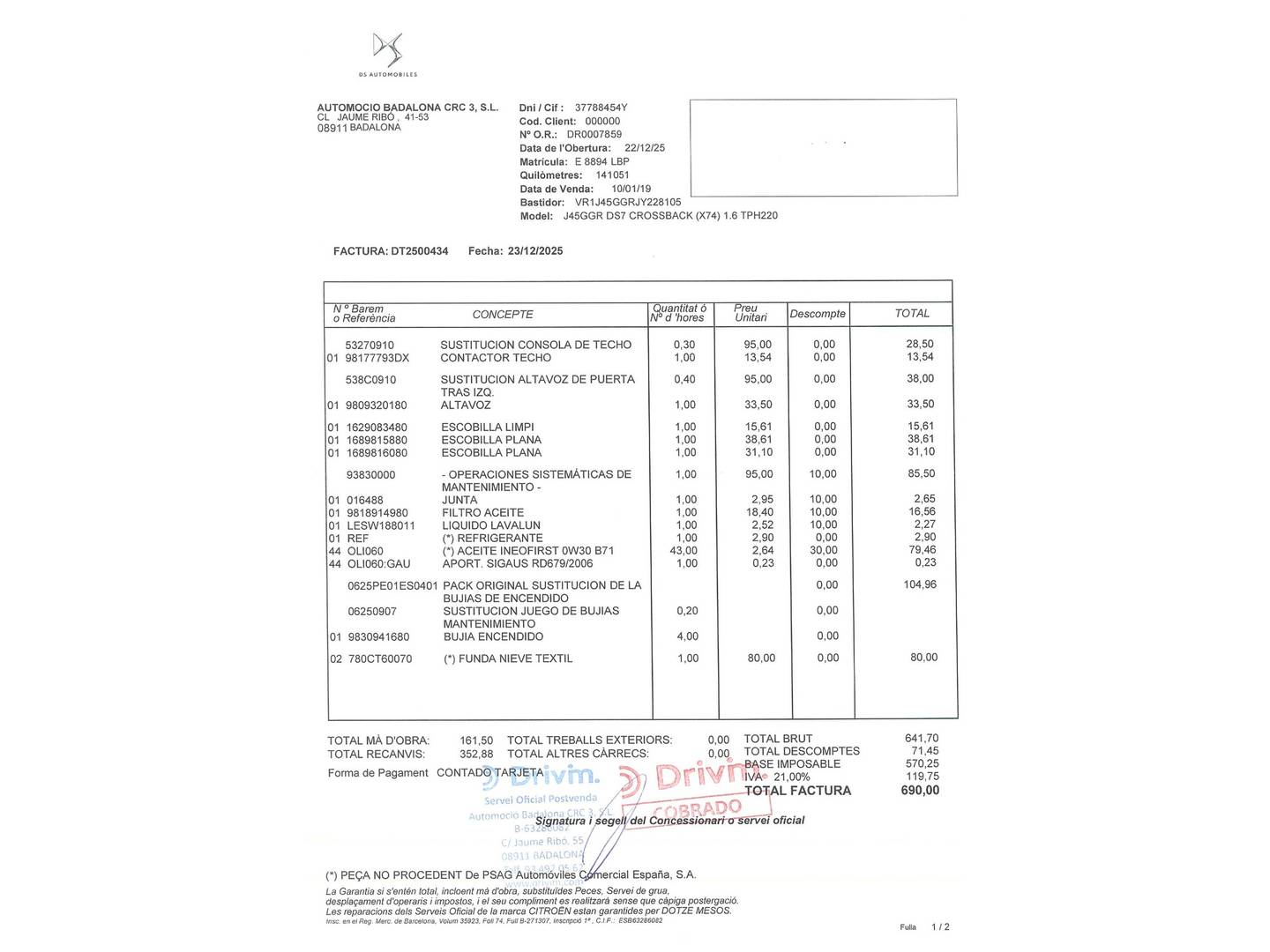 Foto del mantenimiento del DS DS 7 Crossback DS DS7 Crossback PureTech 225 Grand Chic (225 CV)