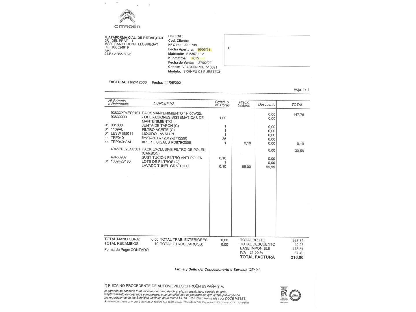 Foto del mantenimiento del Citroën C3 Citroën C3 PureTech 110 S&S Shine (110 CV)