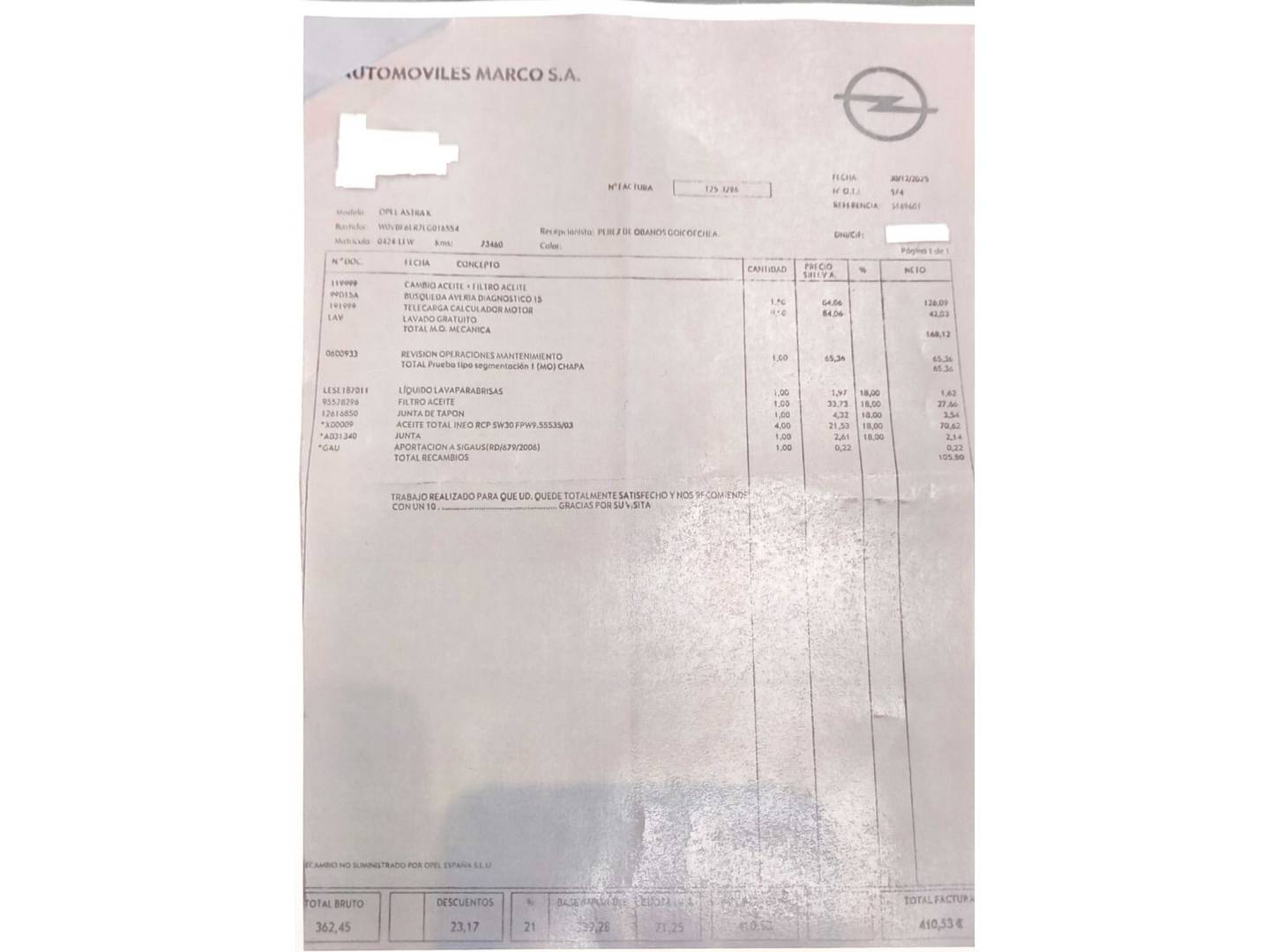 Foto del mantenimiento del Opel Astra Opel Astra 1.2 Turbo SHL GS Line (110 CV)