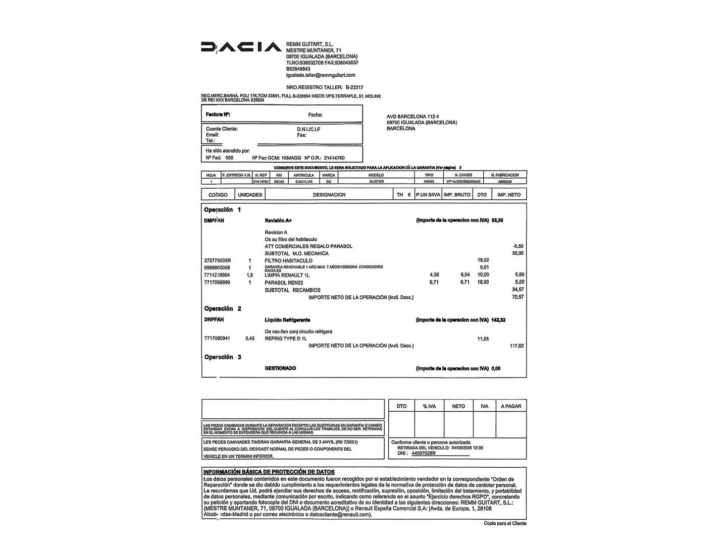 Foto del mantenimiento del Dacia Duster Dacia Duster Prestige TCE (150 CV) EDC