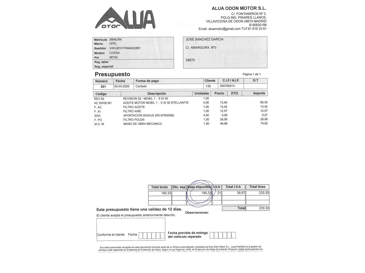 Foto del mantenimiento del Opel Corsa Opel Corsa 1.5D DT GS-Line (102 CV)