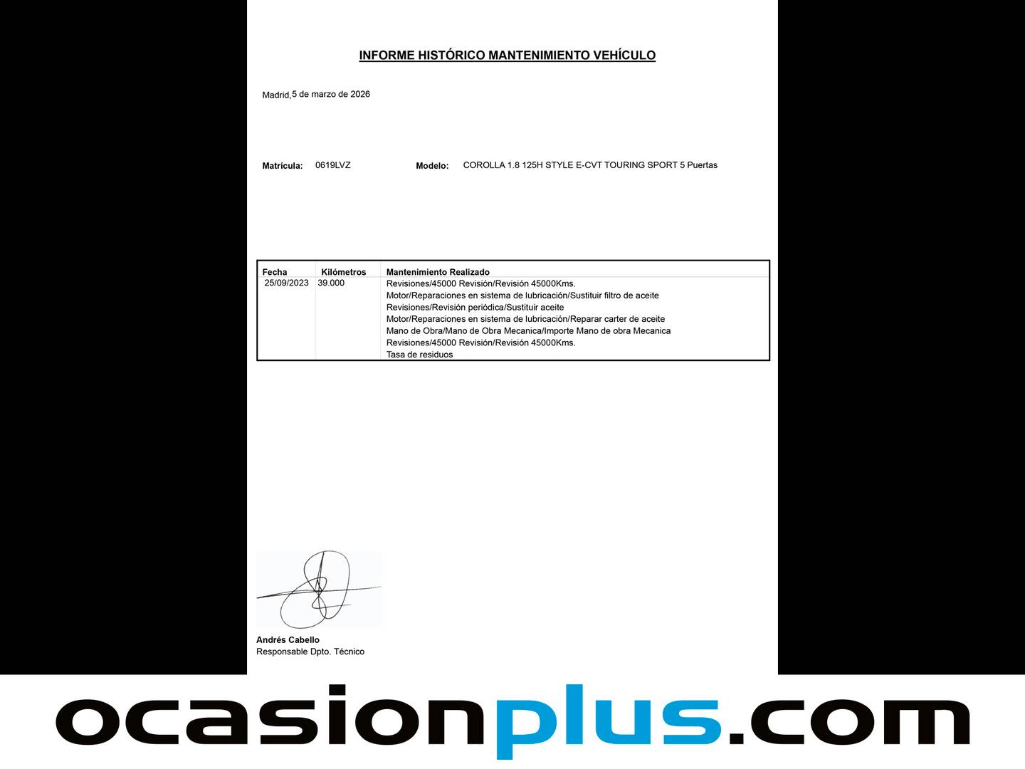 Foto del mantenimiento del Toyota Corolla Toyota Corolla Touring Sport 125H Style E-CVT (122 CV)