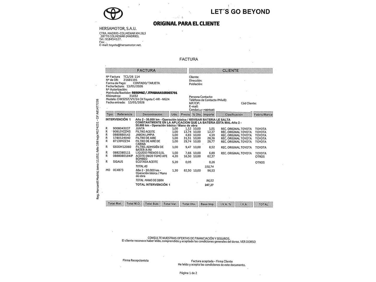 Foto del mantenimiento del Toyota C-HR Toyota C-HR 200H Premiere Edition GR Sport AWD-i (196 CV)