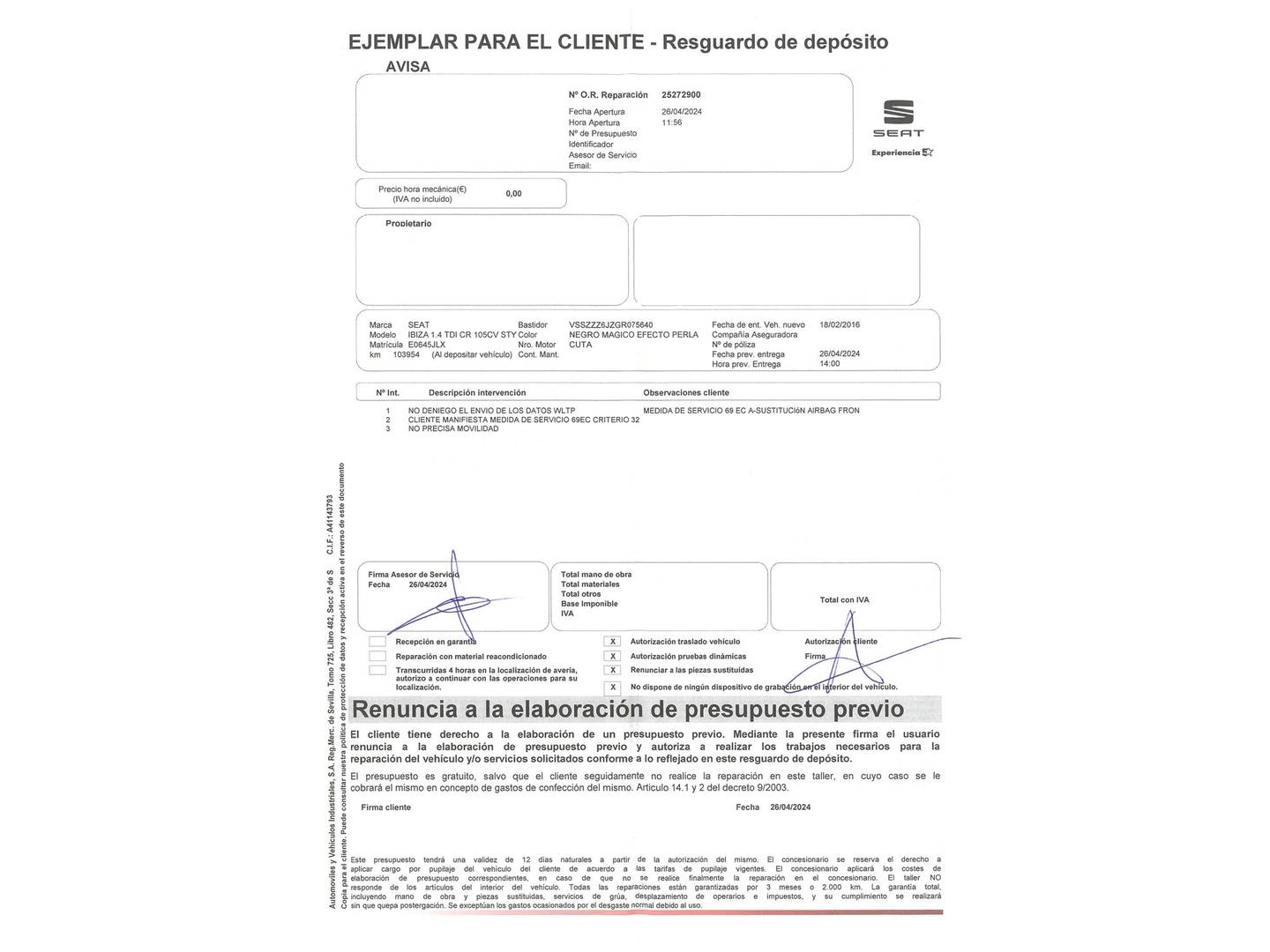 Foto del mantenimiento del Seat Ibiza Seat Ibiza 1.4 TDI Style (105 CV)