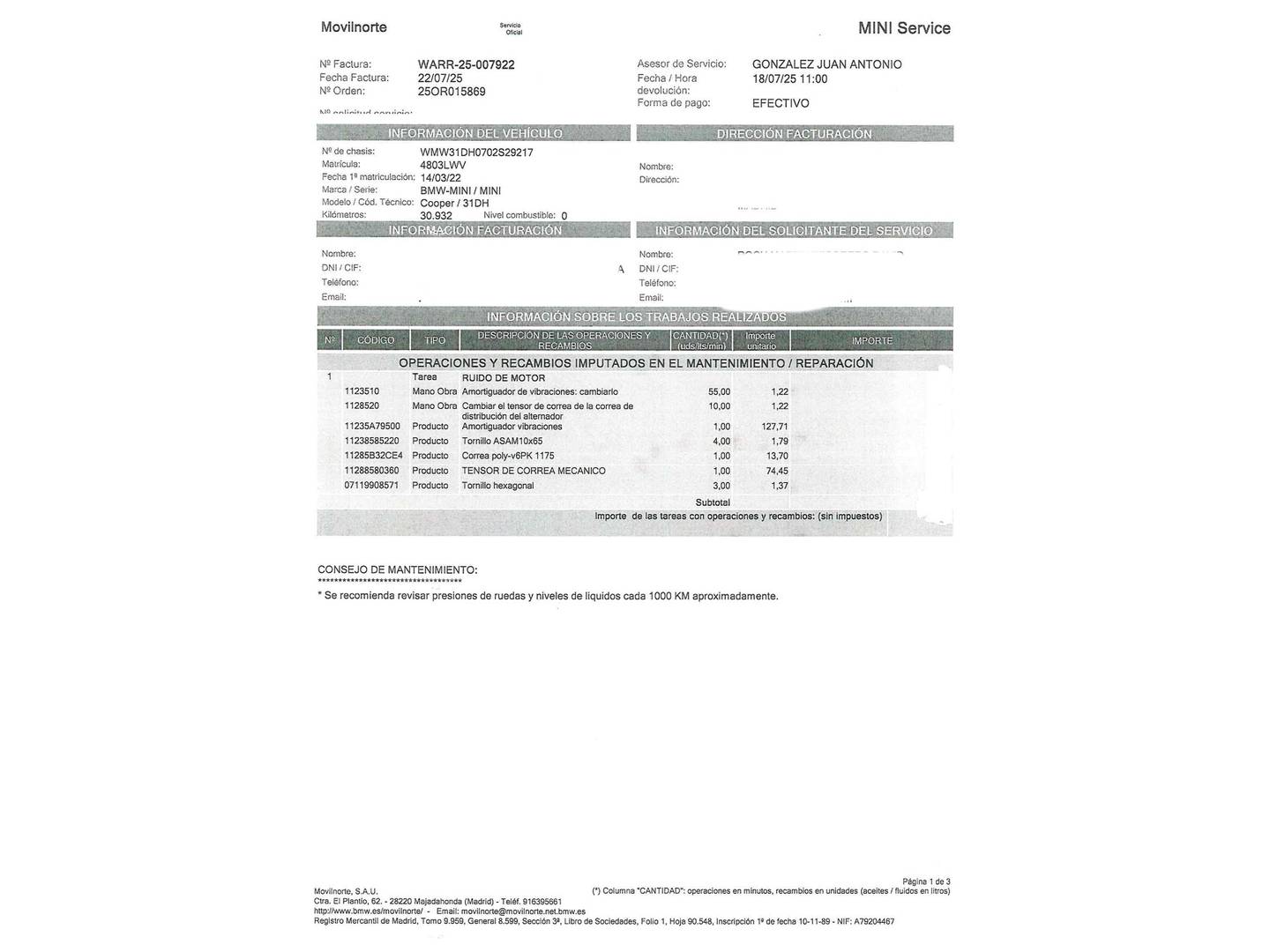 Foto del mantenimiento del Mini MINI MINI MINI 3 Puertas Cooper (136 CV)