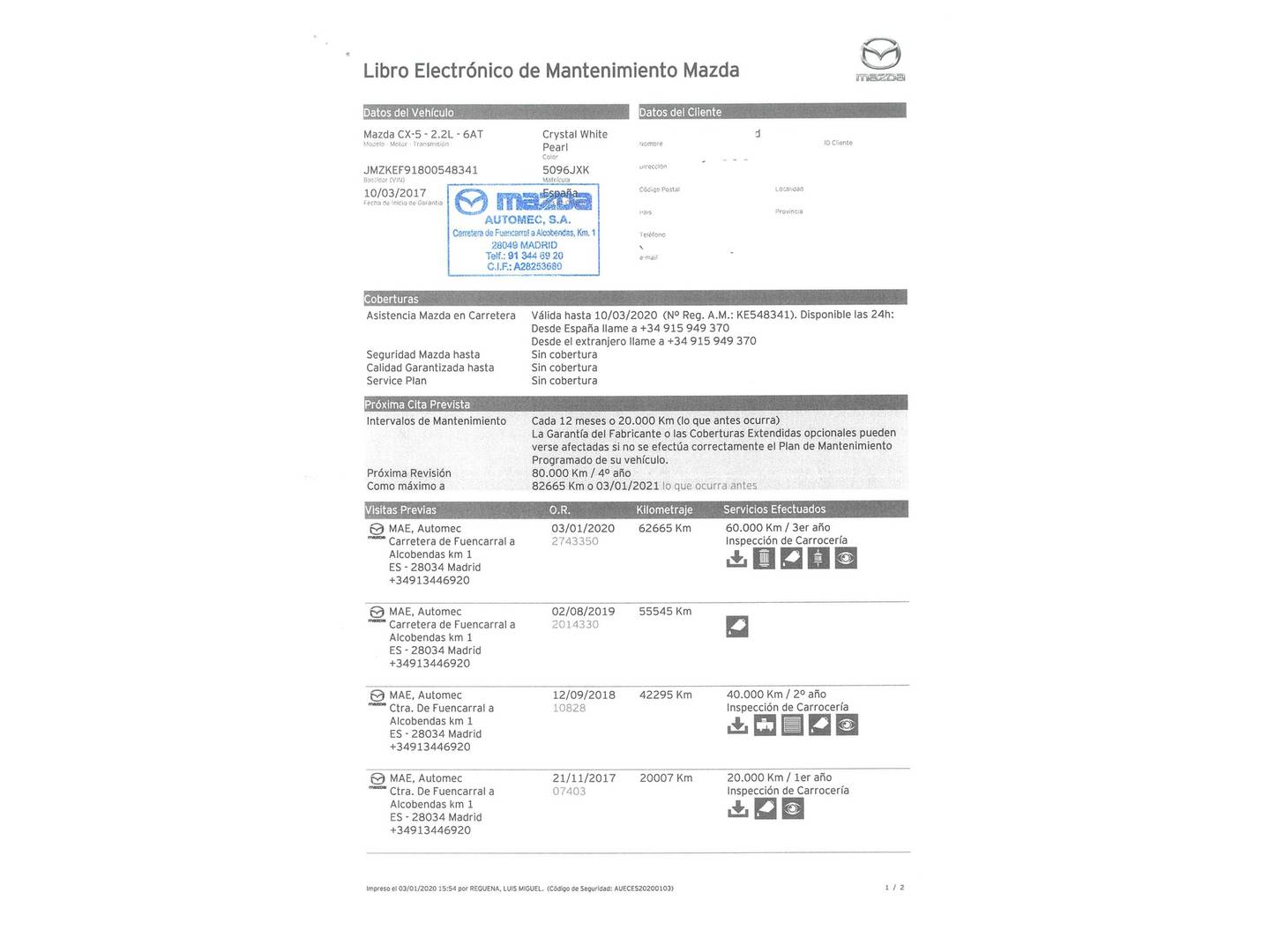 Foto del mantenimiento del Mazda CX-5 Mazda CX-5 2.2 DE Black Tech Edition 2WD Aut. (150 CV)