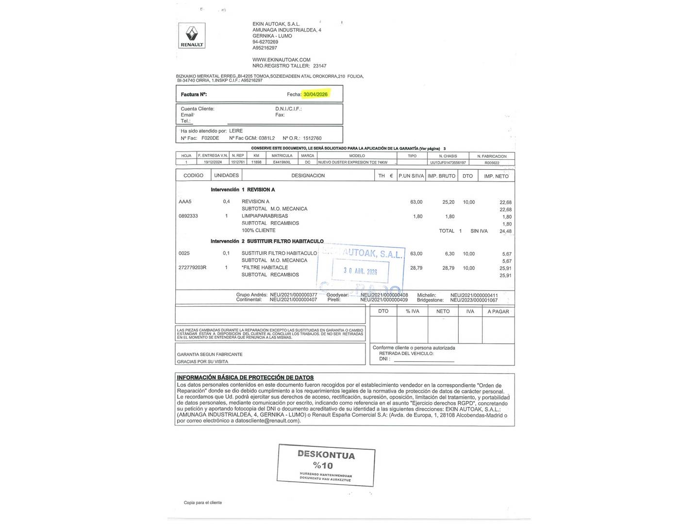 Foto del mantenimiento del Dacia Duster Dacia Duster Expression TCE ECO-G (100 CV)