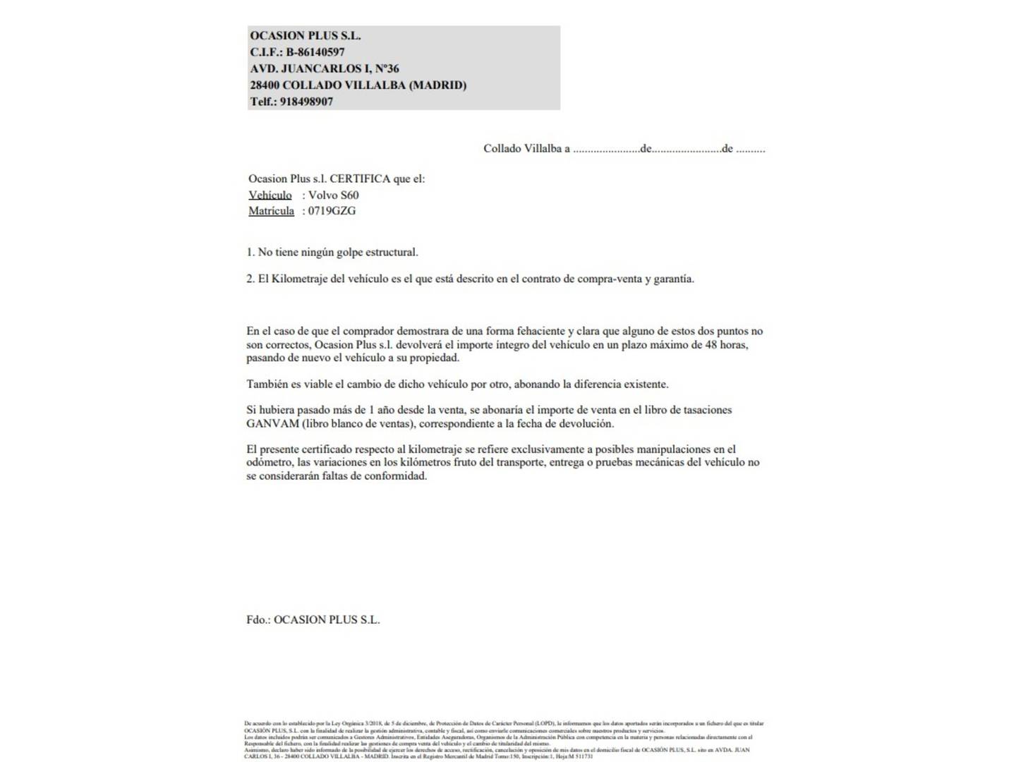 Foto del certificado del Volvo S60 Volvo S60 D3 Momentum (163 CV)