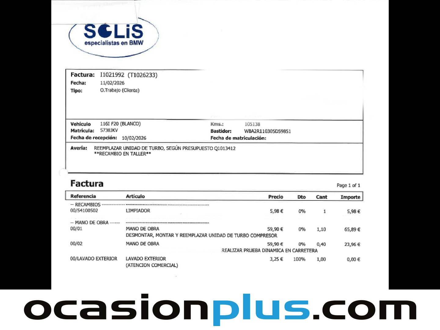 Foto del mantenimiento del BMW Serie 1 BMW Serie 1 116i (109 CV) GLP