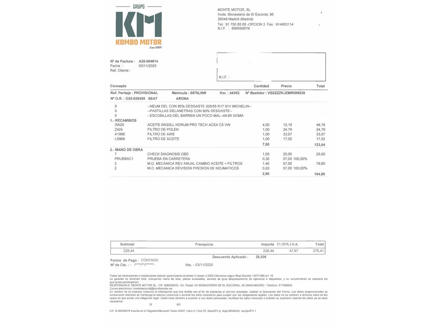 Foto del mantenimiento del Seat Arona SEAT Arona 1.0 TSI FR Go2 81 kW (110 CV)
