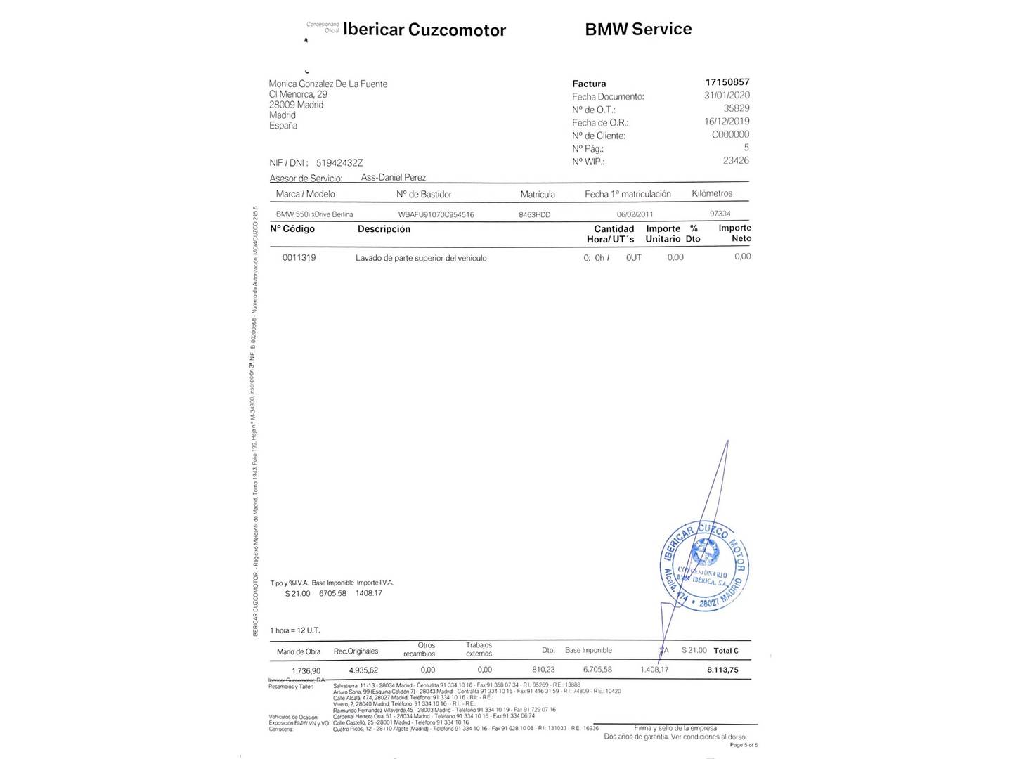 Foto del mantenimiento del BMW Serie 5 BMW Serie 5 550i xDrive (407 CV)