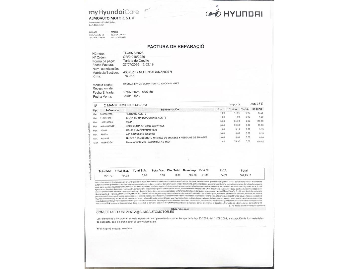 Foto del mantenimiento del Hyundai Bayon Hyundai Bayon 1.0 TGDI 48V Maxx (100 CV)