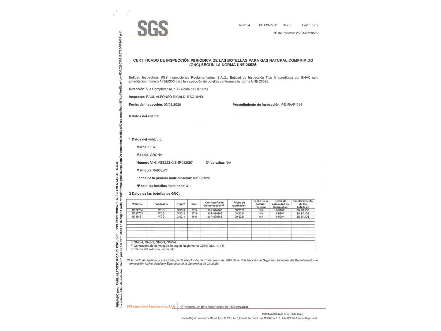 Foto del mantenimiento del Seat Arona SEAT Arona 1.0 TGI GNC FR (90 CV)