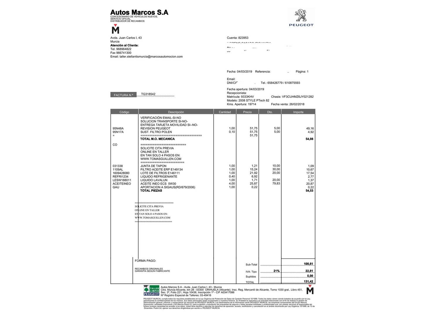 Foto del mantenimiento del Peugeot 2008 Peugeot 2008 PureTech 82 Style (82 CV)