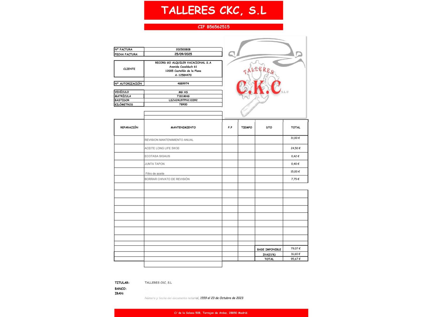 Foto del mantenimiento del MG HS MG HS 1.5 Turbo GDI Comfort DCT (162 CV)