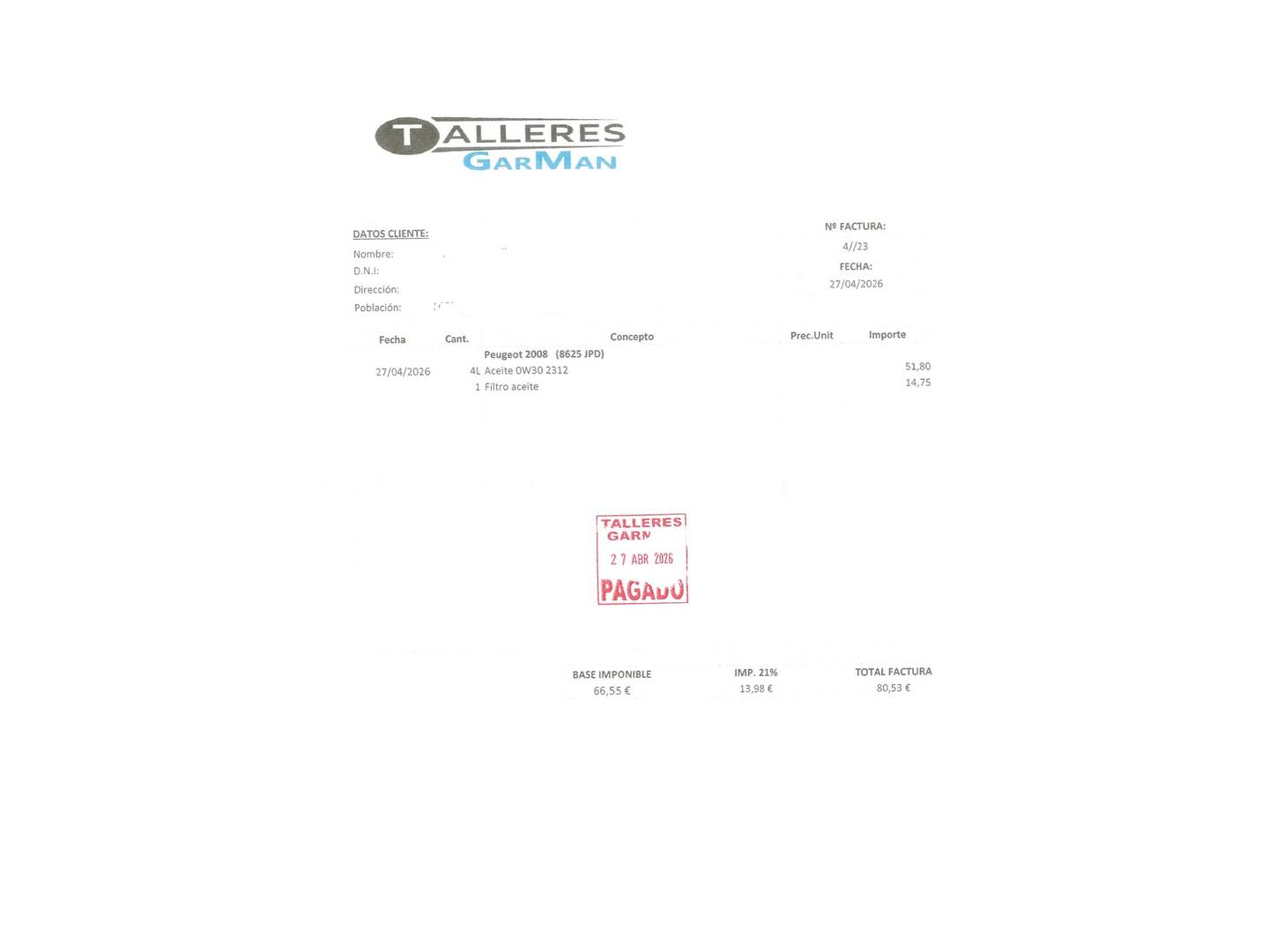 Foto del mantenimiento del Peugeot 2008 Peugeot 2008 BlueHDi 100 Style (100 CV)