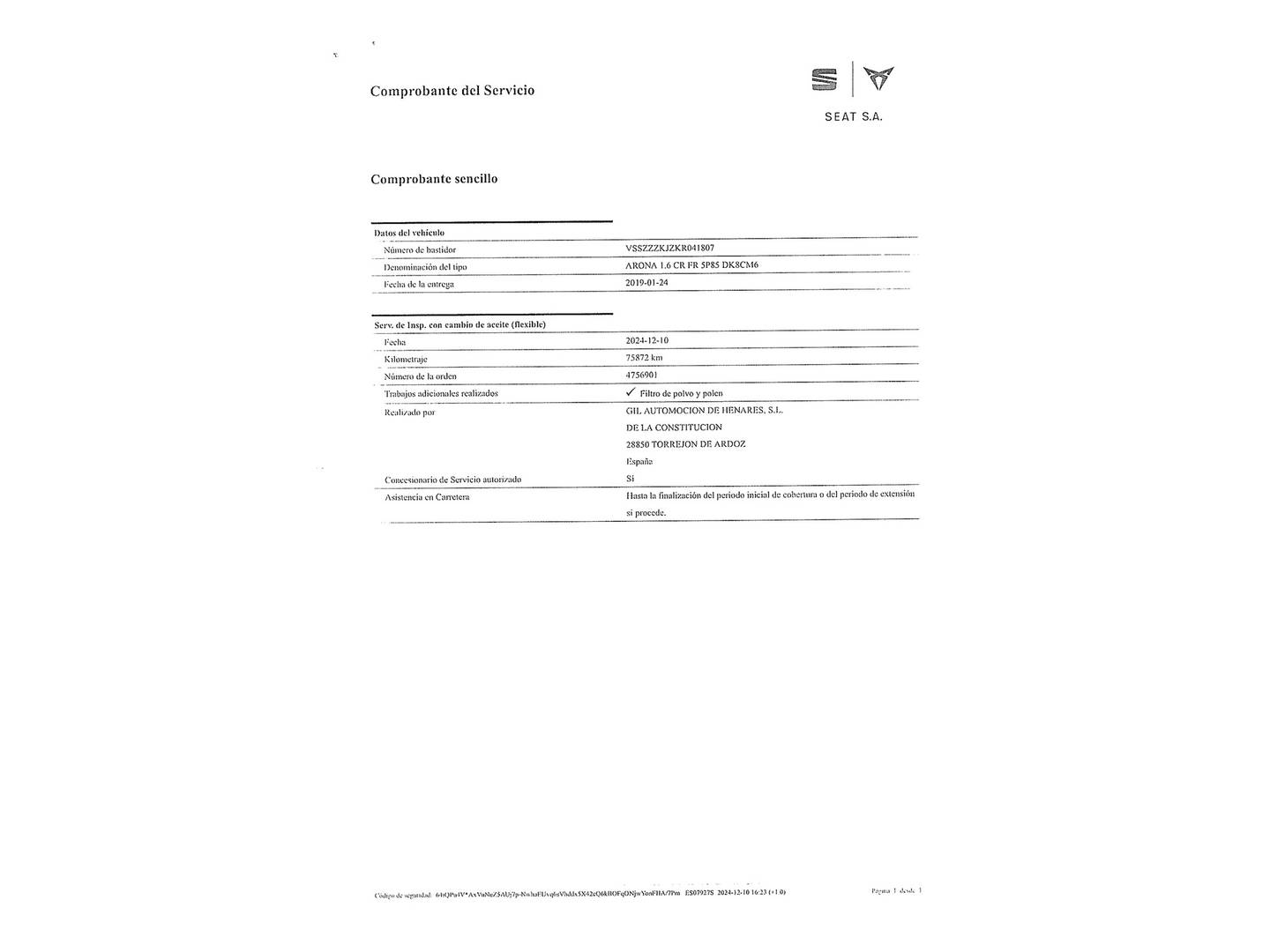 Foto del mantenimiento del Seat Arona Seat Arona 1.6 TDI Ecomotive FR (115 CV)