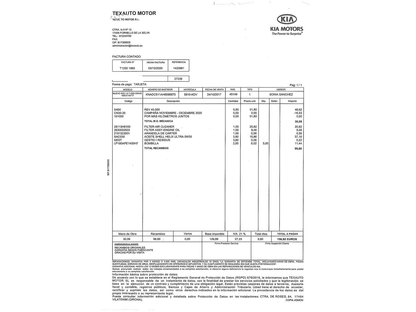 Foto del mantenimiento del KIA Rio KIA Rio 1.0 T-GDi Drive (100 CV)