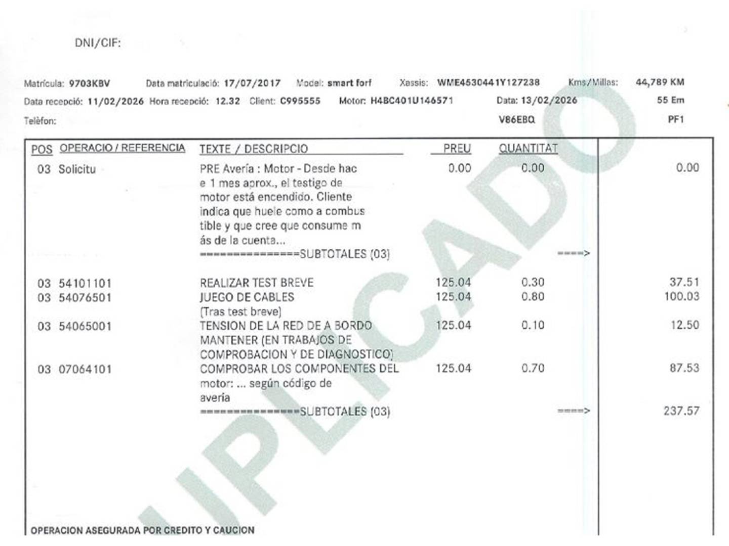 Foto del mantenimiento del Smart forfour Smart ForFour 0.9 S&S Passion (90 CV)