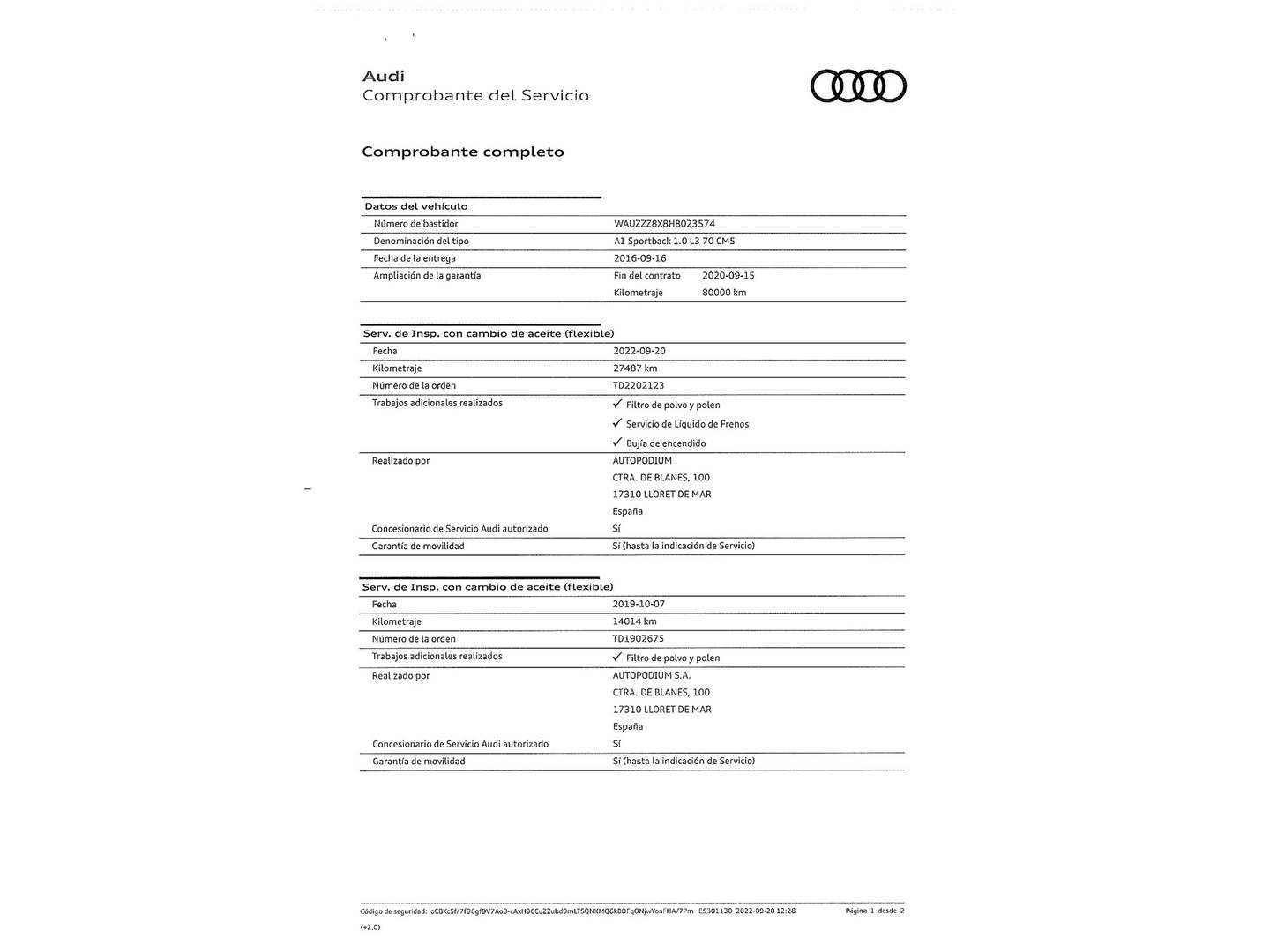 Foto del mantenimiento del Audi A1 Audi A1 Sportback Adrenalin 1.0 TFSI (95 CV)