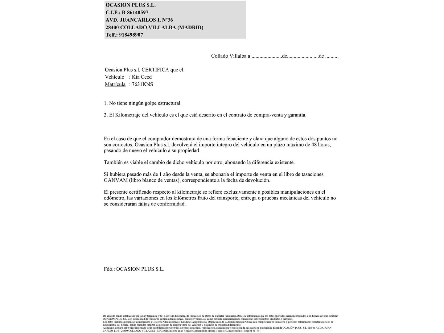 Foto del certificado del KIA Ceed KIA Ceed 1.0 T-GDi Tech (120 CV)