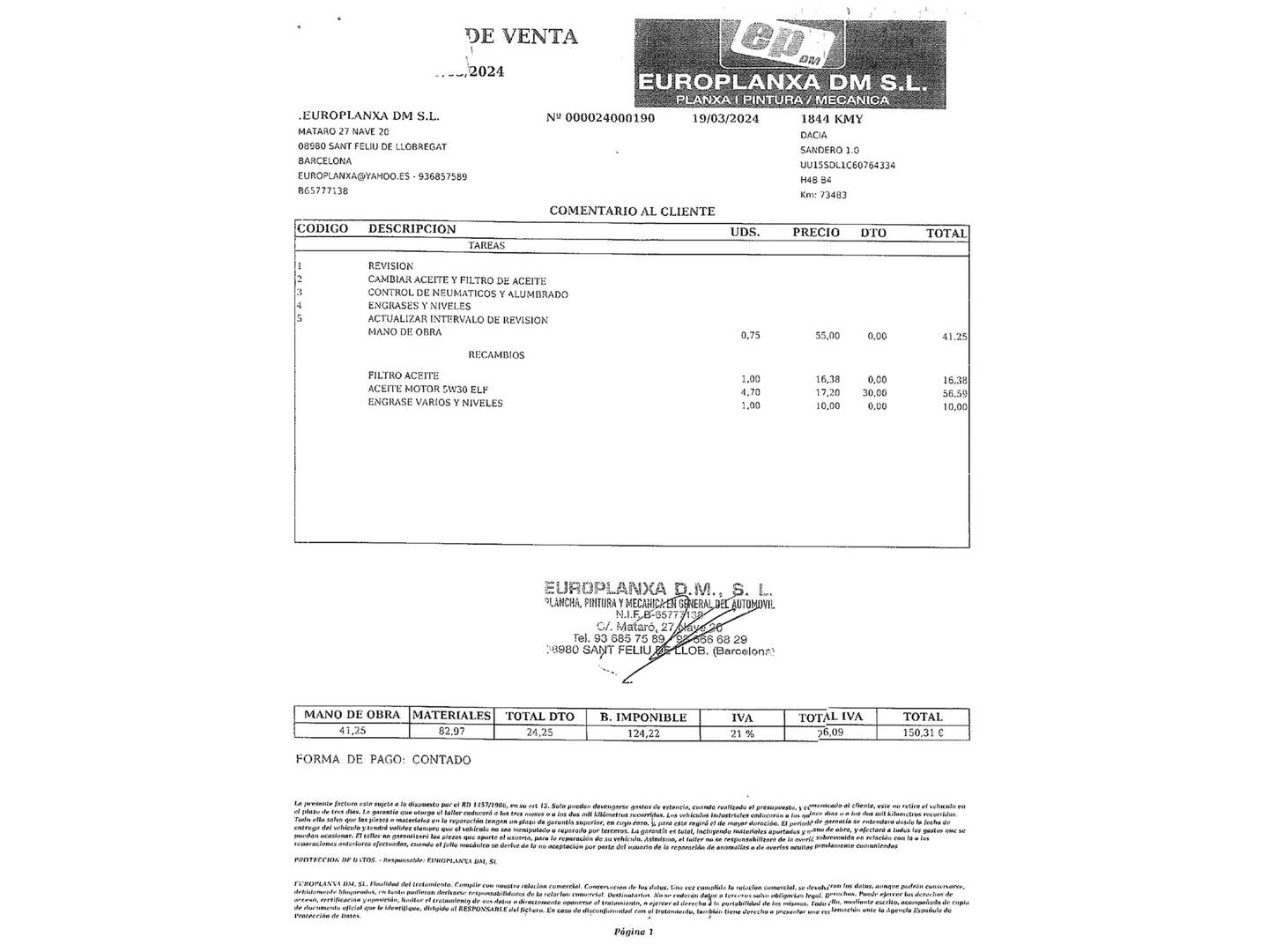 Foto del mantenimiento del Dacia Sandero Dacia Sandero Serie Limitada Nómada TCe (90 CV)