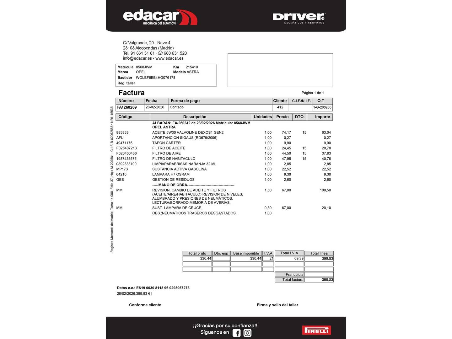 Foto del mantenimiento del Opel Astra Opel Astra 1.4 Turbo S&S Dynamic (125 CV)