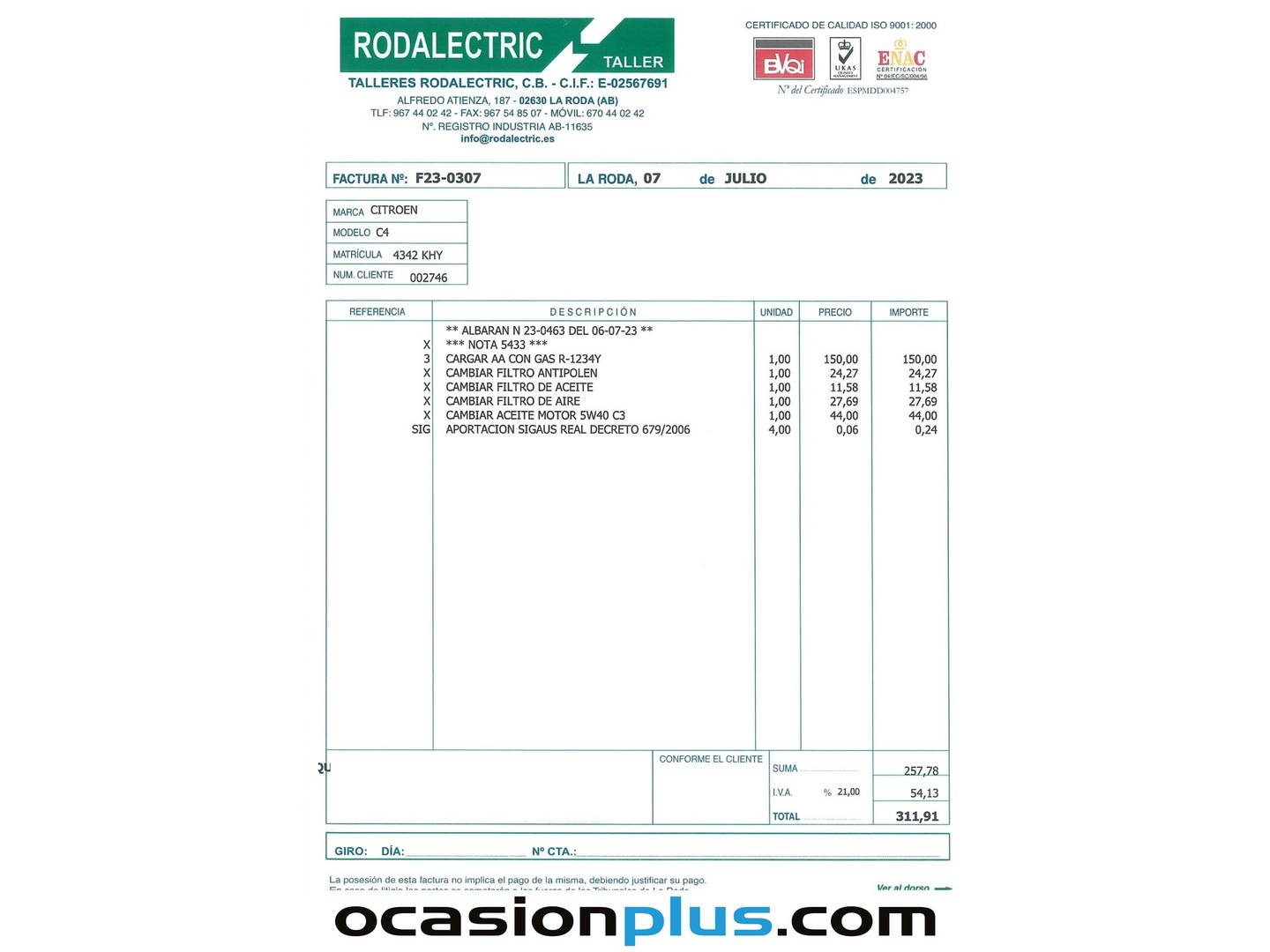 Foto del mantenimiento del Citroën C4 Cactus Citroen C4 Cactus PureTech 110 S&S Cool&Comfort (110 CV)