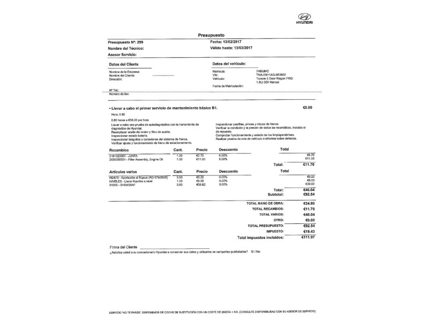 Foto del mantenimiento del Hyundai Tucson Hyundai Tucson 1.6 GDI BlueDrive Tecno 4x2  (131 CV)